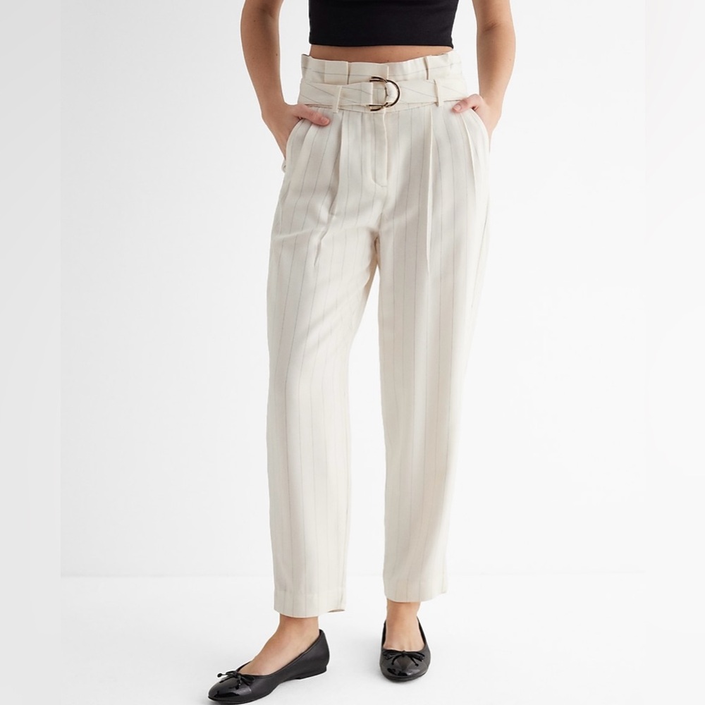 Express Stylist Super High Waisted Pinstripe Belted Paperbag Ankle Pant